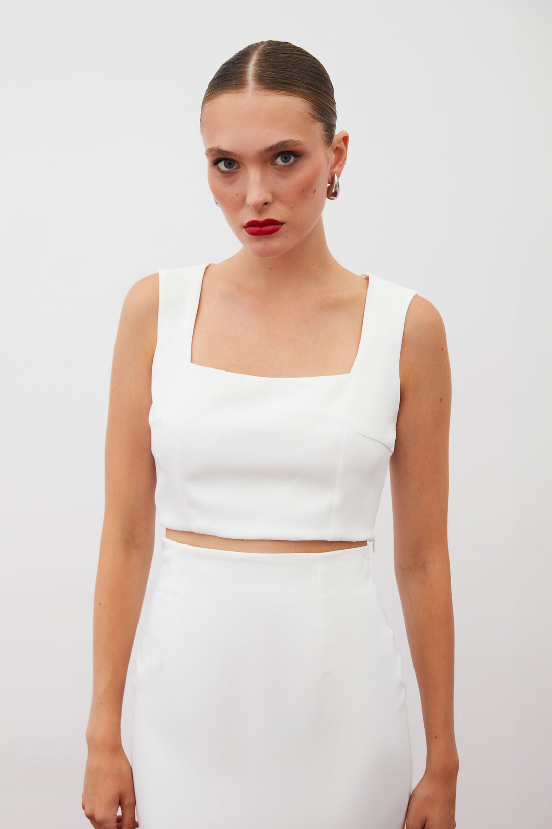 Sateen Blouse Crop à Col Carré - Écru