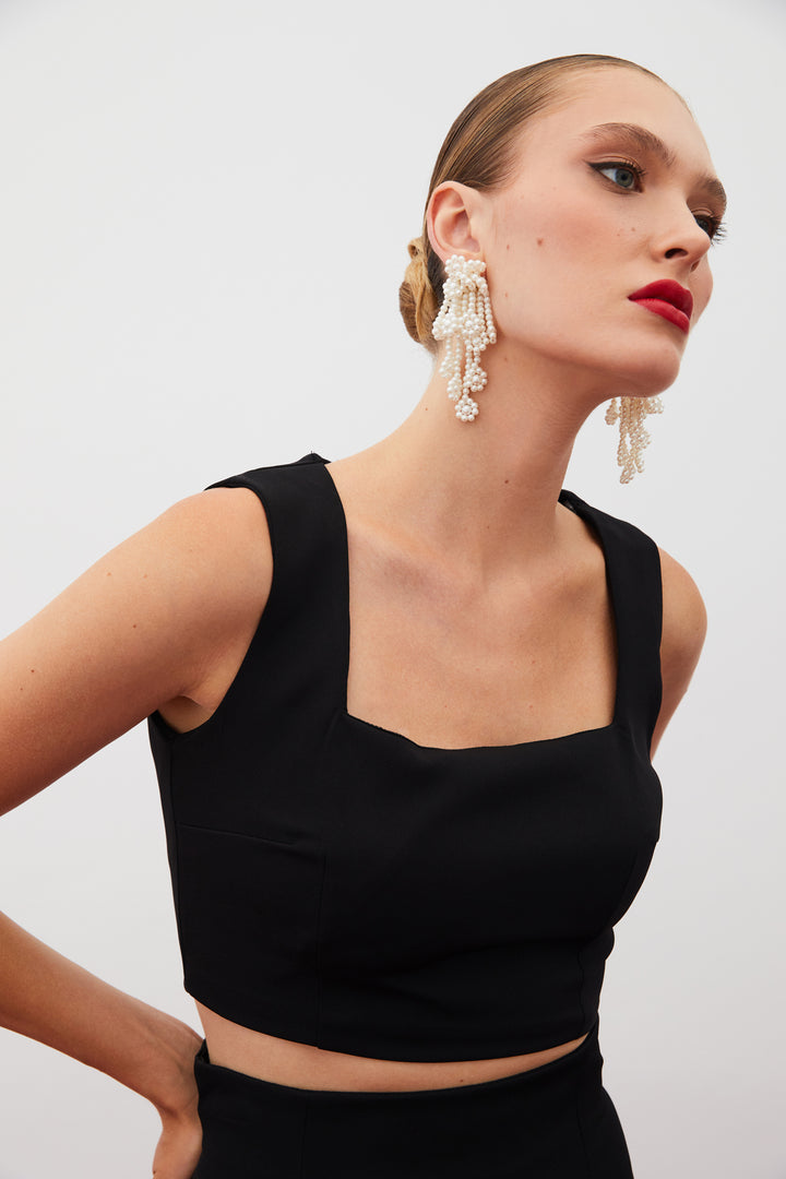 Sateen Blouse Crop à Col Carré - Noir