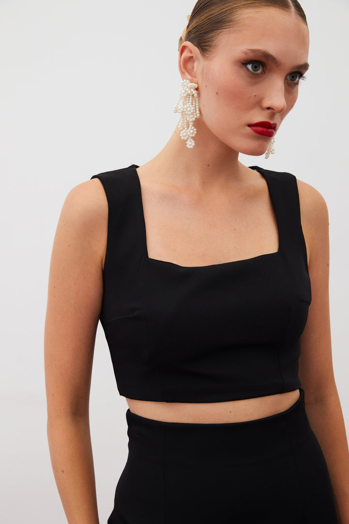 Sateen Blouse Crop à Col Carré - Noir