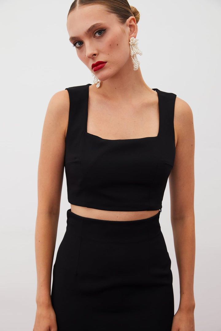 Sateen Blouse Crop à Col Carré - Noir