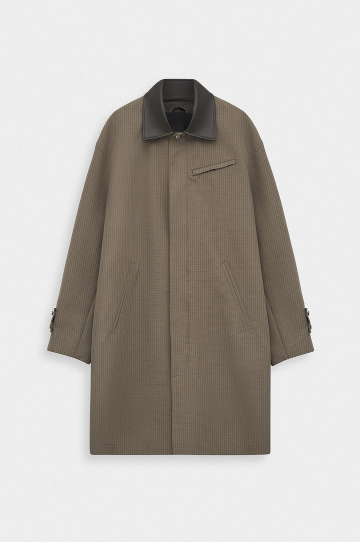 Giesto Manteau trench en cuir marron à col contrasté à carreaux - Marron