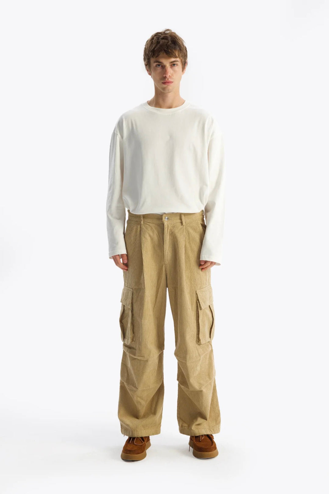 Giesto Pantalon en Velours Côtelé Cargo - Beige
