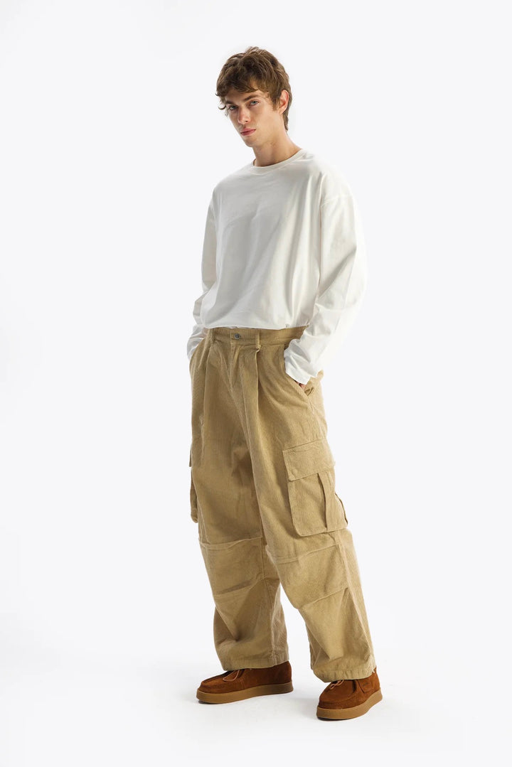 Giesto Pantalon en Velours Côtelé Cargo - Beige