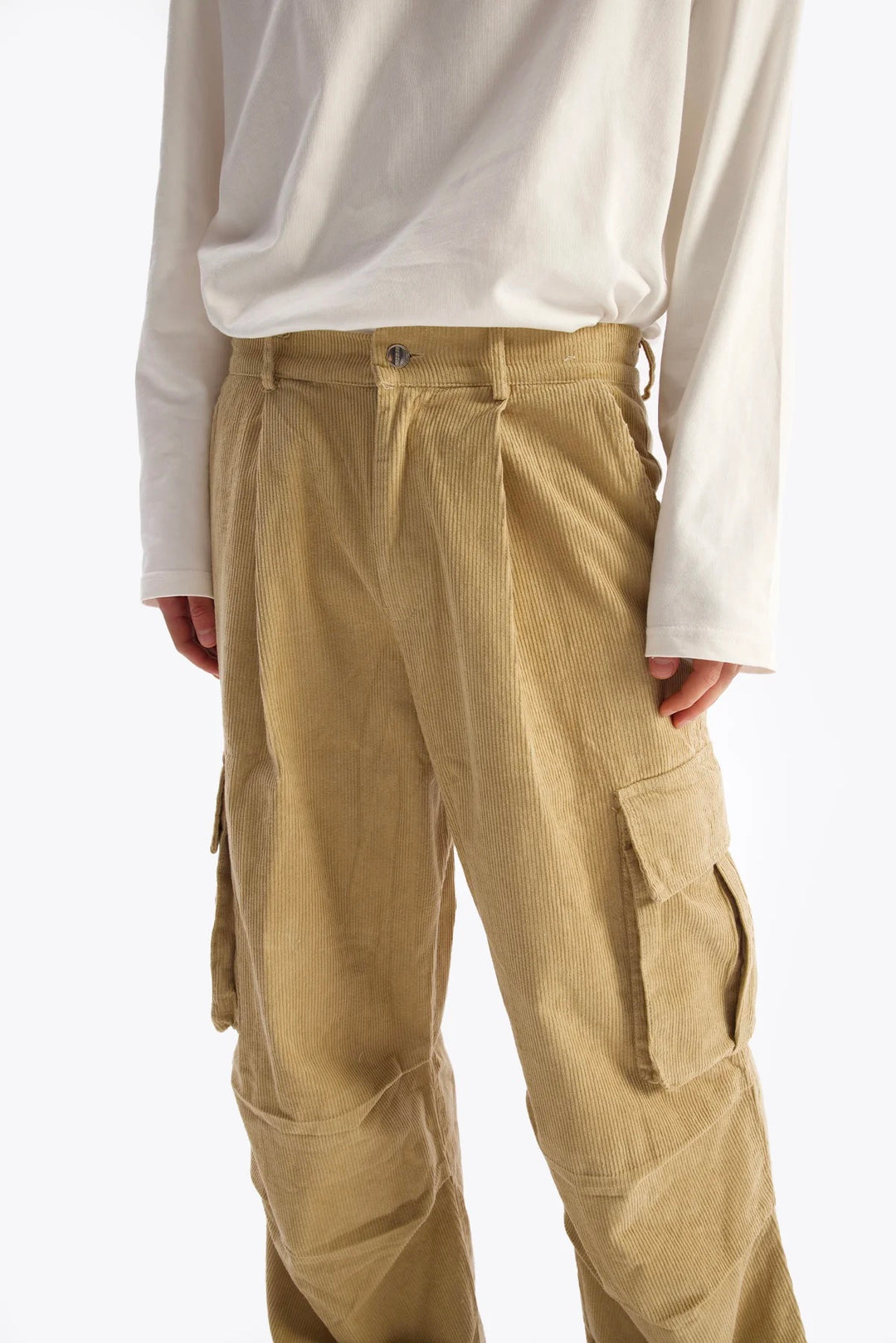 Giesto Pantalon en Velours Côtelé Cargo - Beige