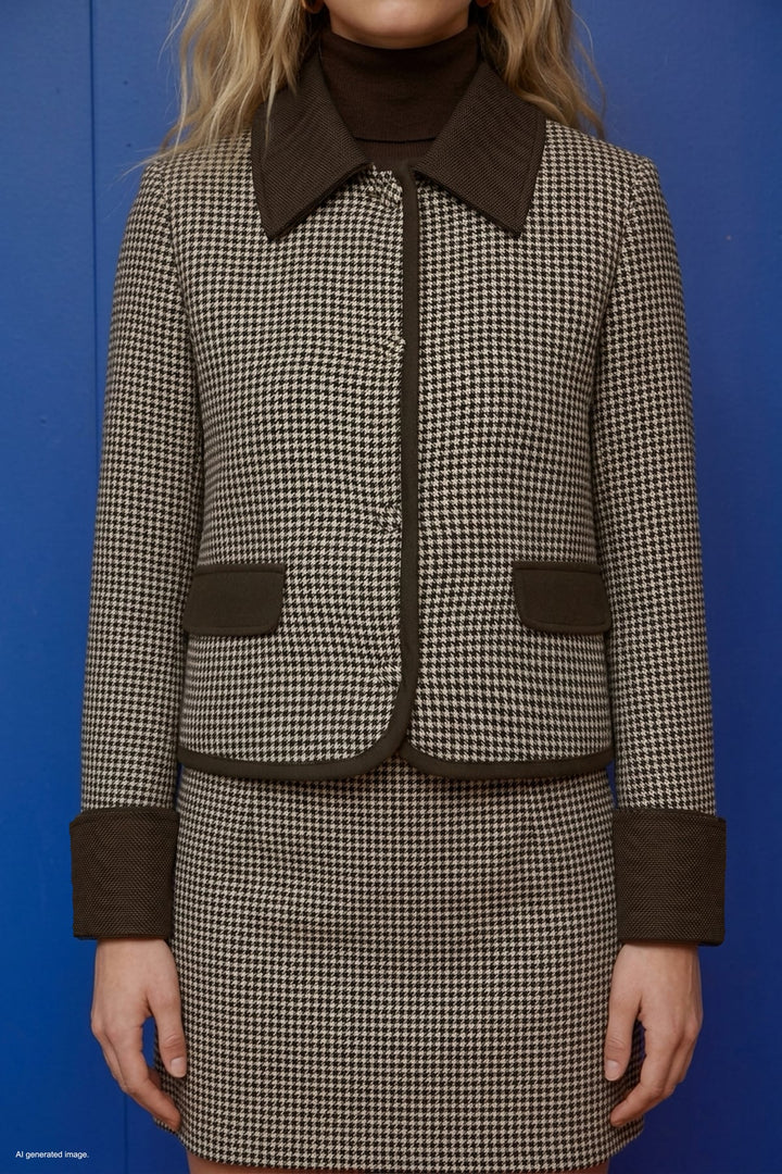 Sateen Veste Détail Denim à Motif Pied-de-Poule - Marron