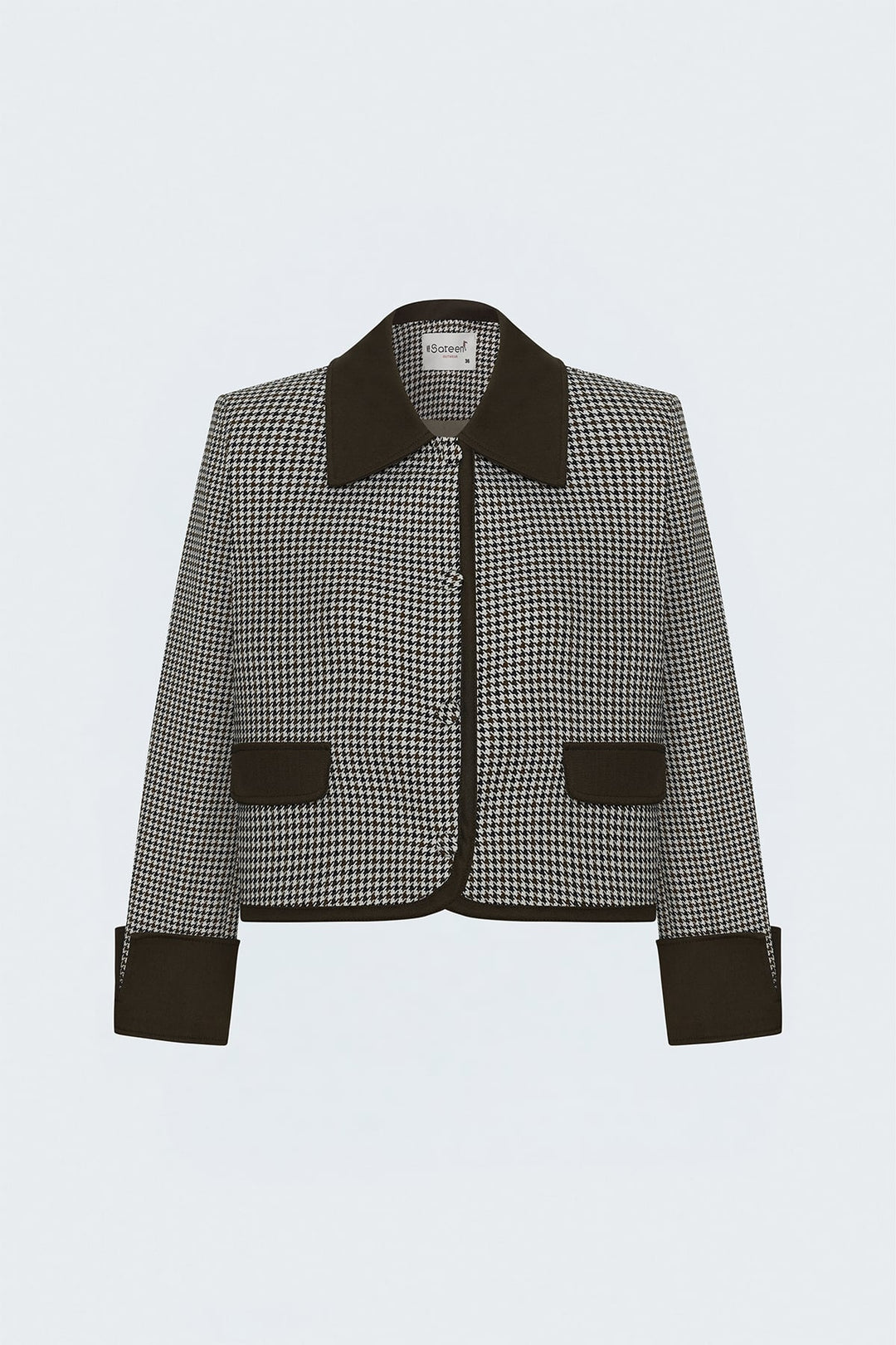 Sateen Veste Détail Denim à Motif Pied-de-Poule - Marron