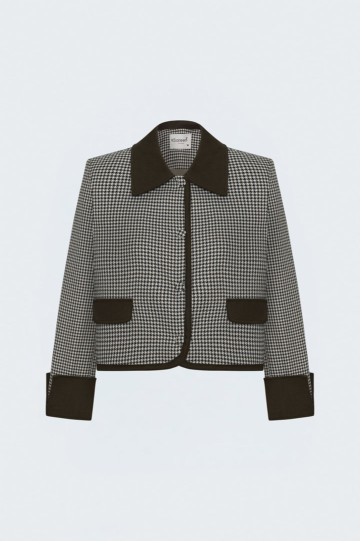Sateen Veste Détail Denim à Motif Pied-de-Poule - Marron