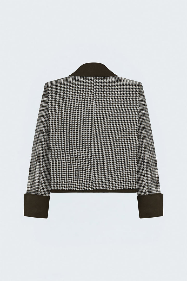 Sateen Veste Détail Denim à Motif Pied-de-Poule - Marron