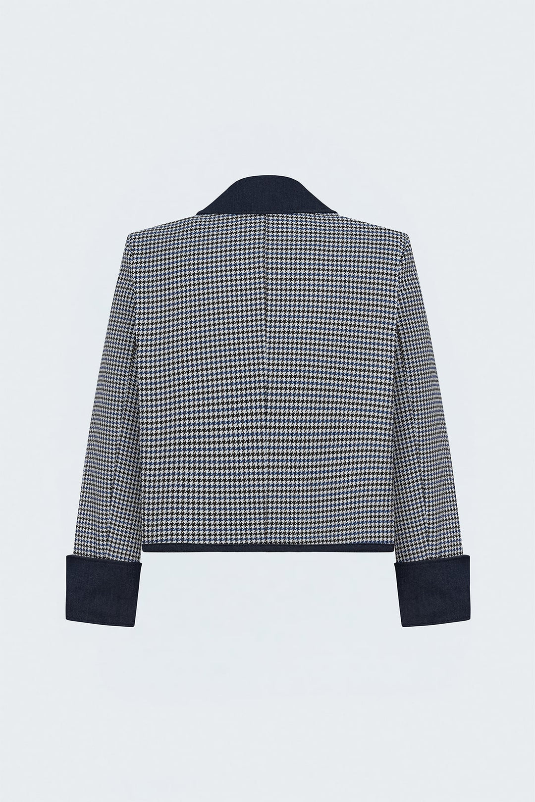Sateen Veste Détail Denim à Motif Pied-de-Poule - Bleu