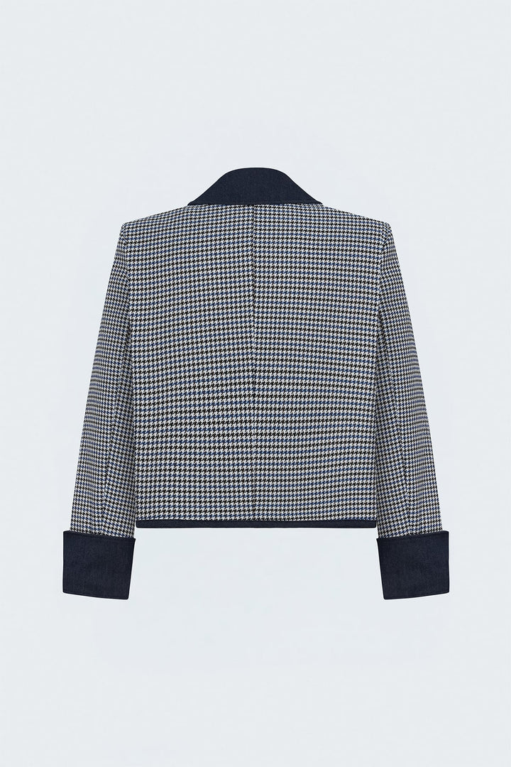 Sateen Veste Détail Denim à Motif Pied-de-Poule - Bleu
