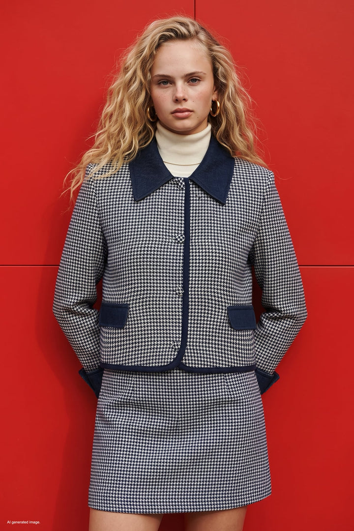 Sateen Veste Détail Denim à Motif Pied-de-Poule - Bleu
