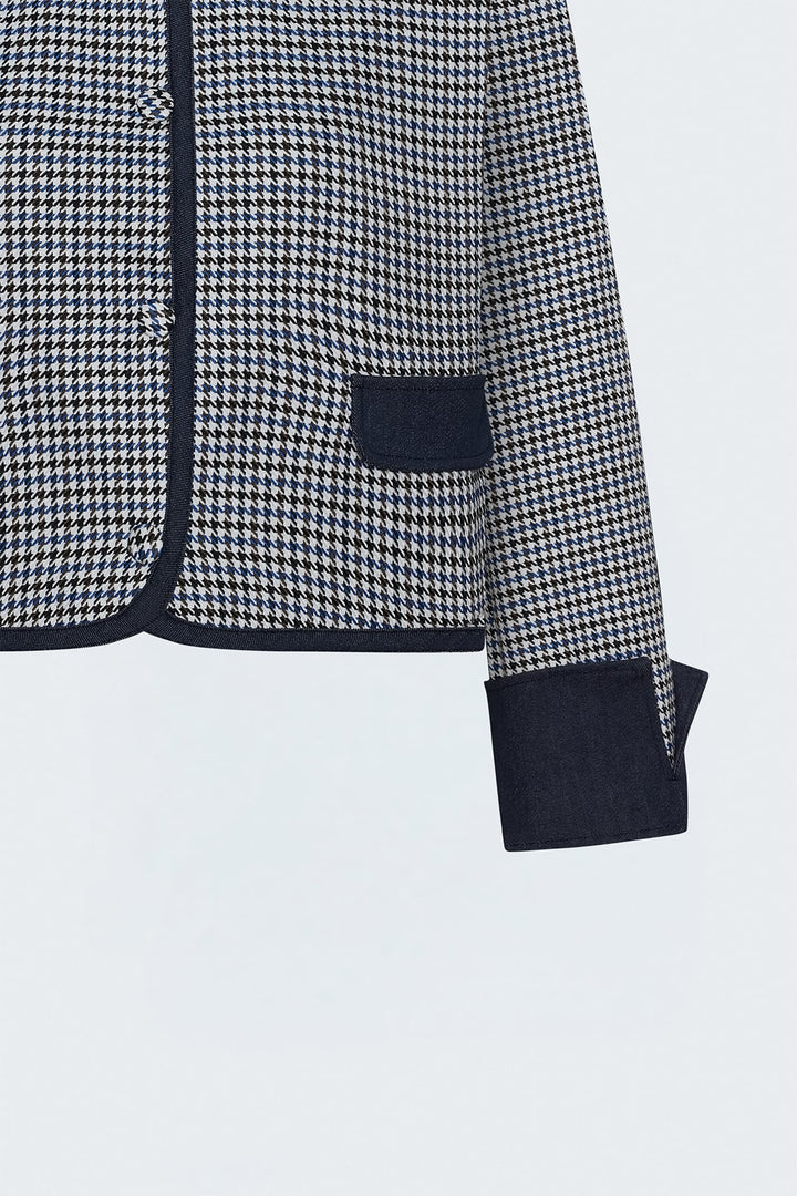 Sateen Veste Détail Denim à Motif Pied-de-Poule - Bleu