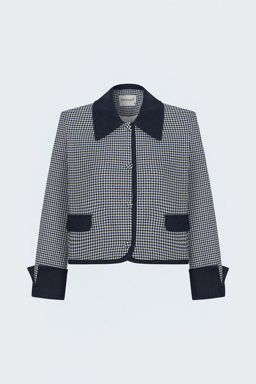 Sateen Veste Détail Denim à Motif Pied-de-Poule - Bleu