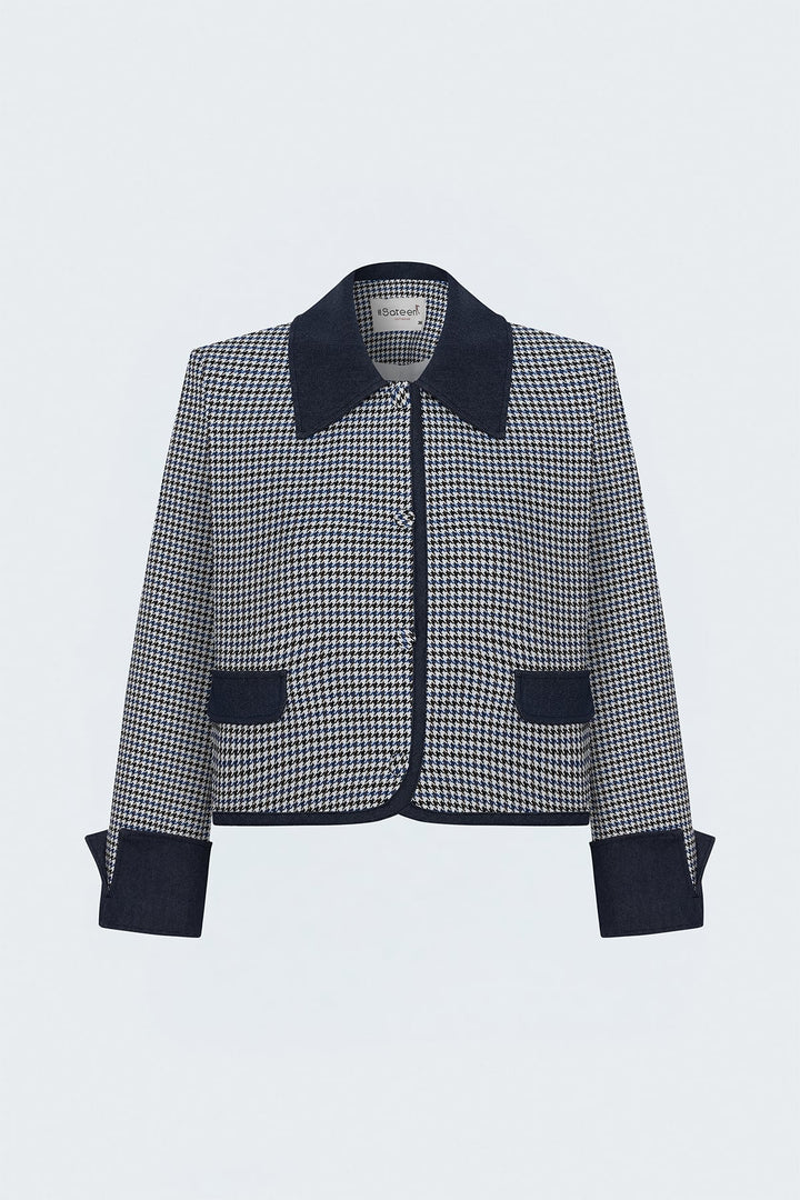 Sateen Veste Détail Denim à Motif Pied-de-Poule - Bleu