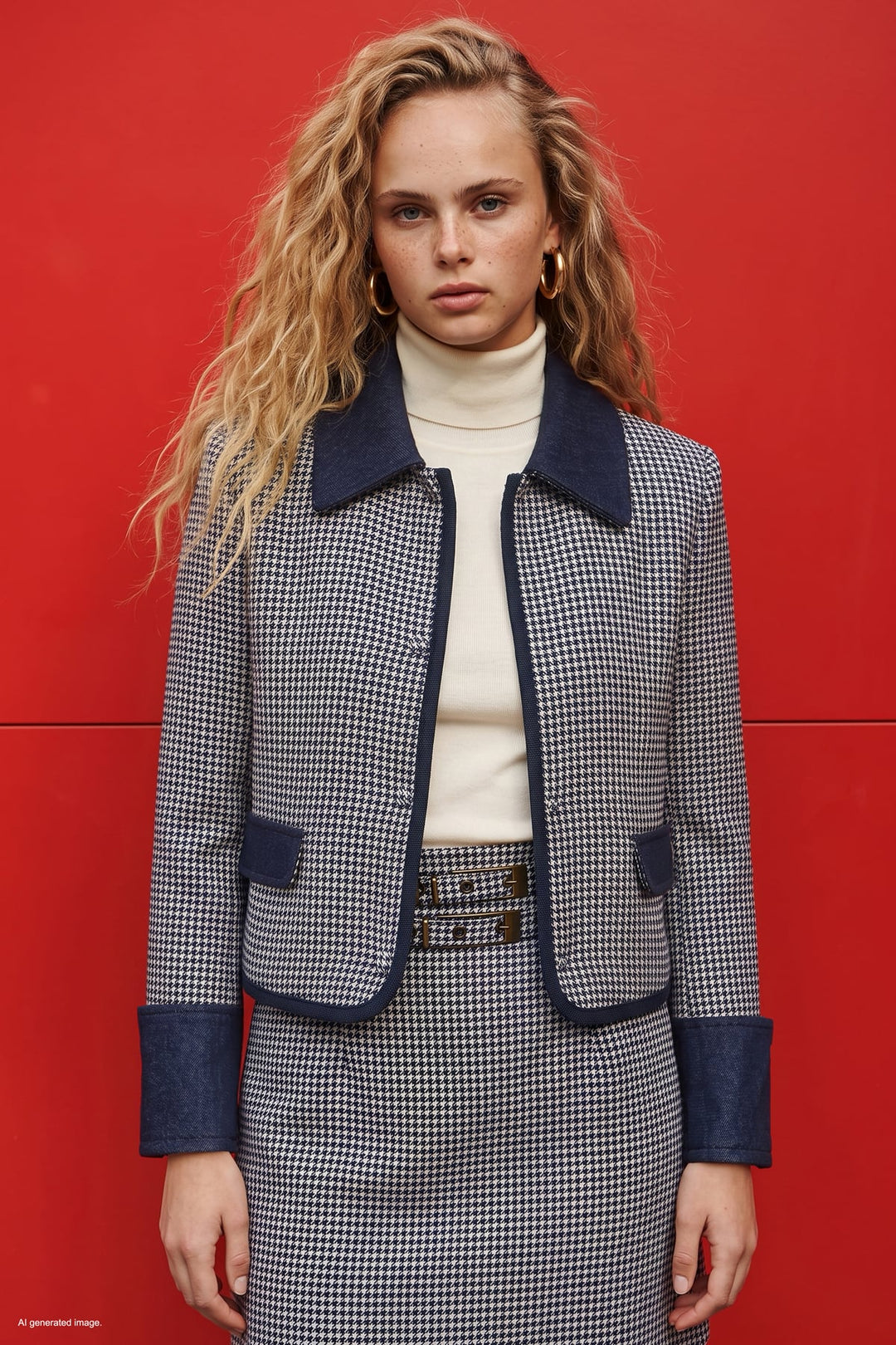 Sateen Veste Détail Denim à Motif Pied-de-Poule - Bleu