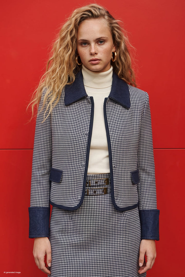 Sateen Veste Détail Denim à Motif Pied-de-Poule - Bleu