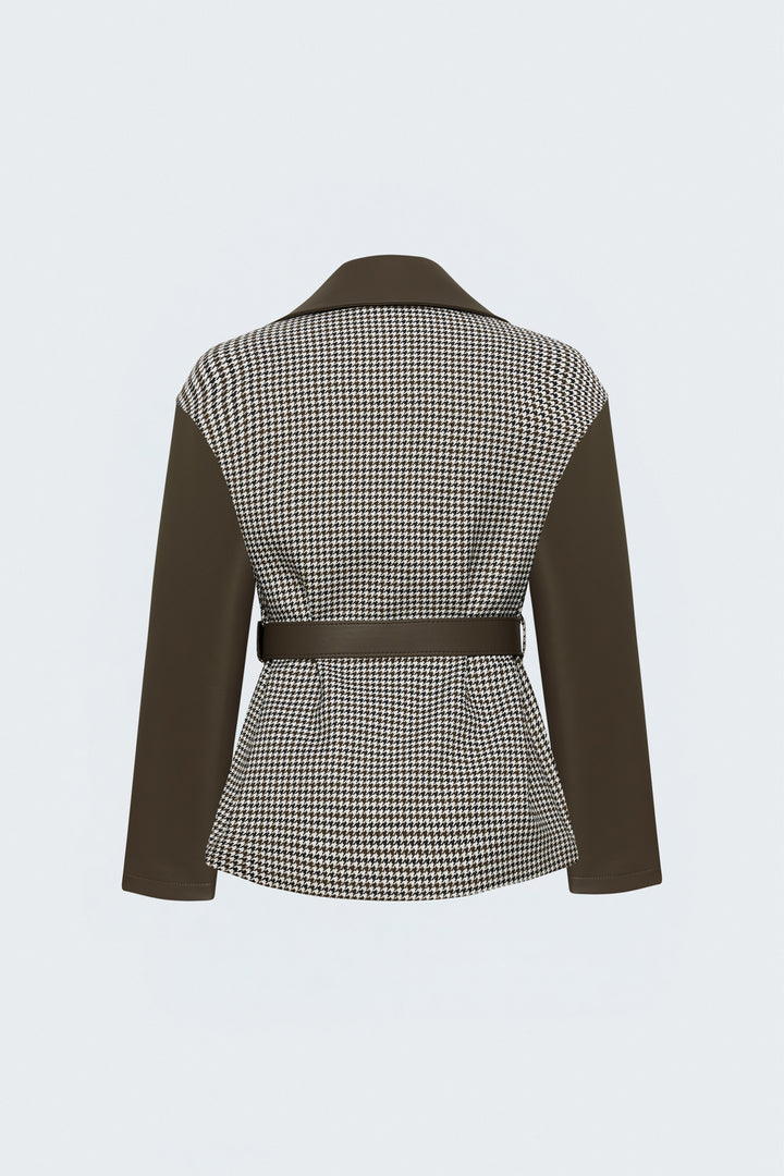 Sateen Veste en cuir avec garniture à motif pied-de-poule - Marron