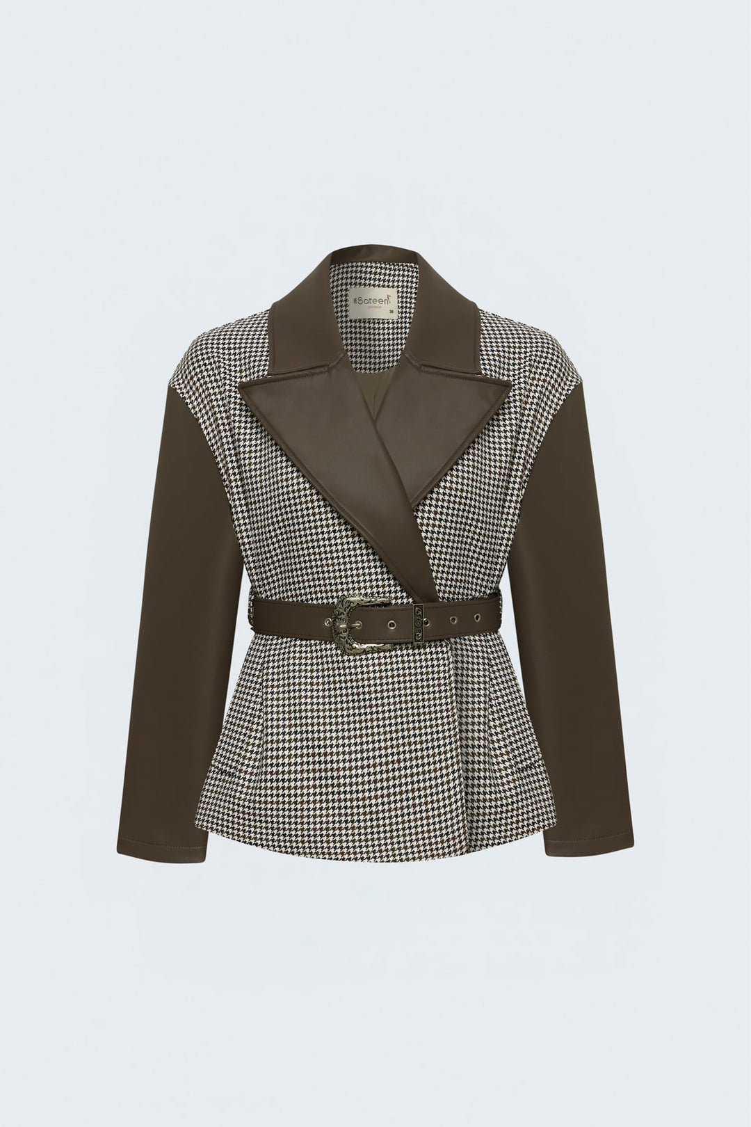 Sateen Veste en cuir avec garniture à motif pied-de-poule - Marron