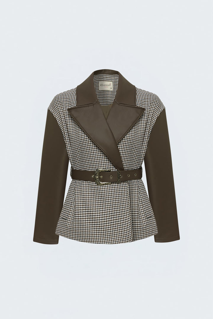 Sateen Veste en cuir avec garniture à motif pied-de-poule - Marron