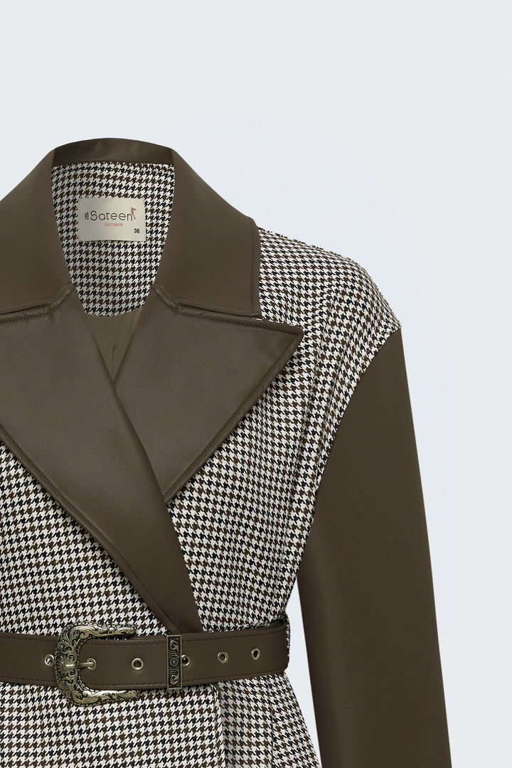 Sateen Veste en cuir avec garniture à motif pied-de-poule - Marron