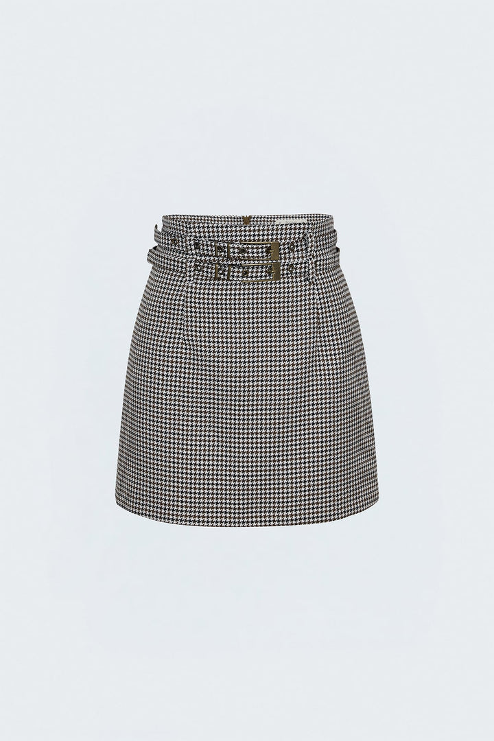 Sateen Jupe Mini à Motif Pied-de-Poule - Marron