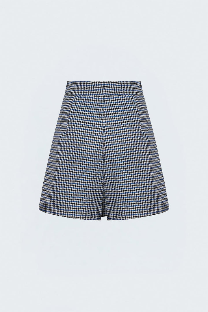 Sateen Jupe Short à Motif Pied-de-Poule - Bleu