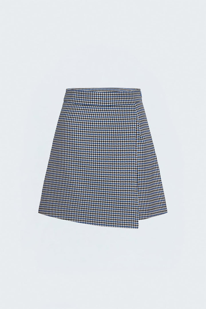 Sateen Jupe Short à Motif Pied-de-Poule - Bleu