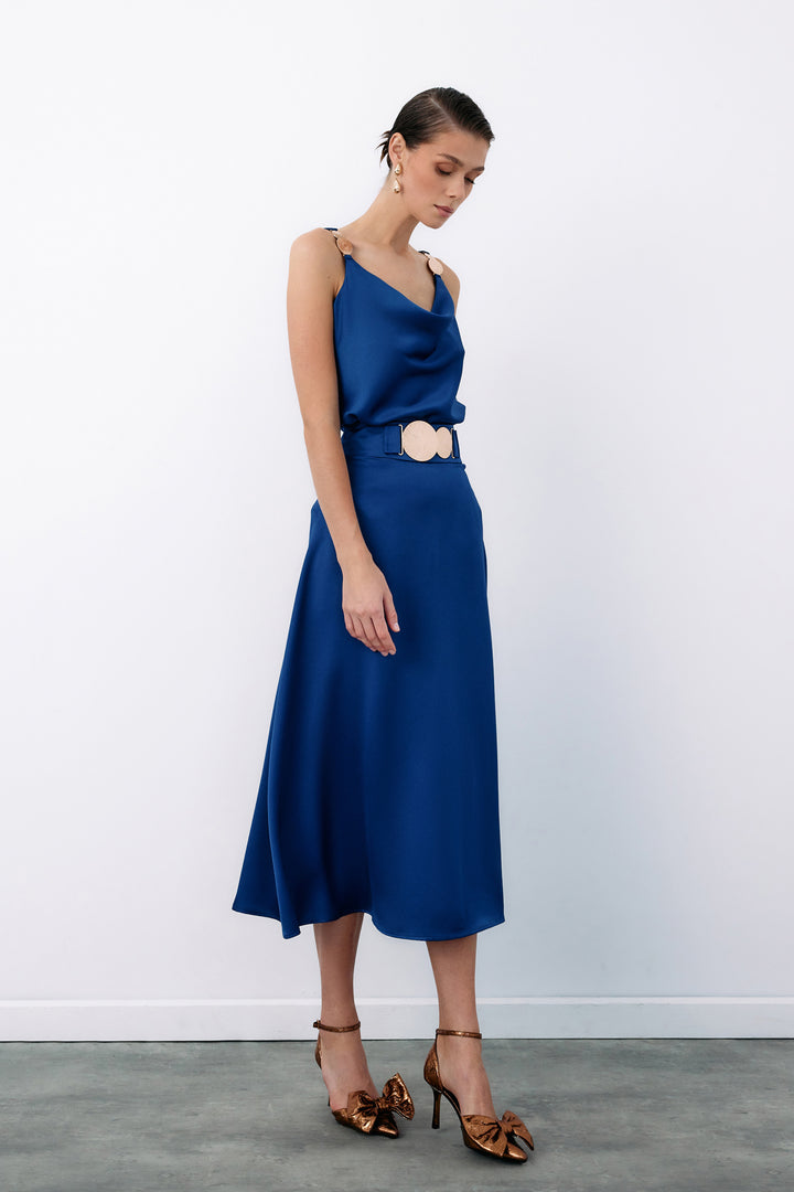 Sateen Jupe évasée avec accessoire ceinture - Bleu marine