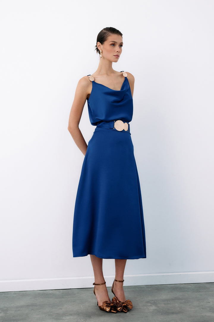 Sateen Jupe évasée avec accessoire ceinture - Bleu marine