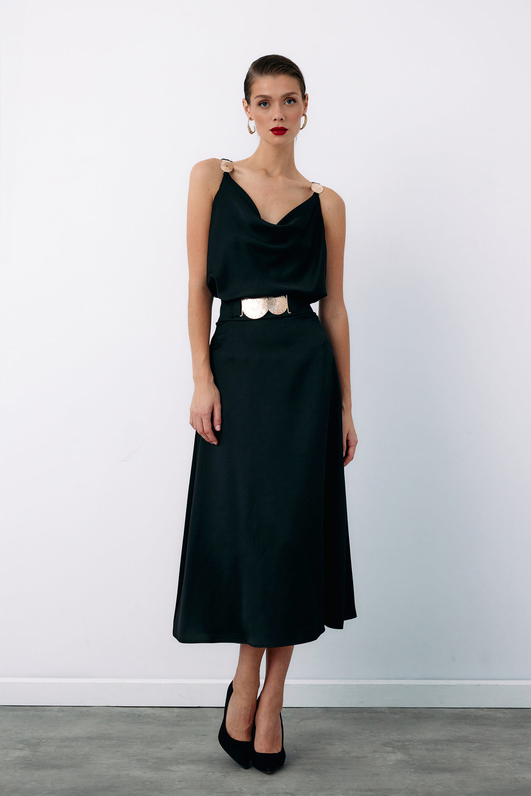 Sateen Jupe évasée avec accessoire ceinture - Noir