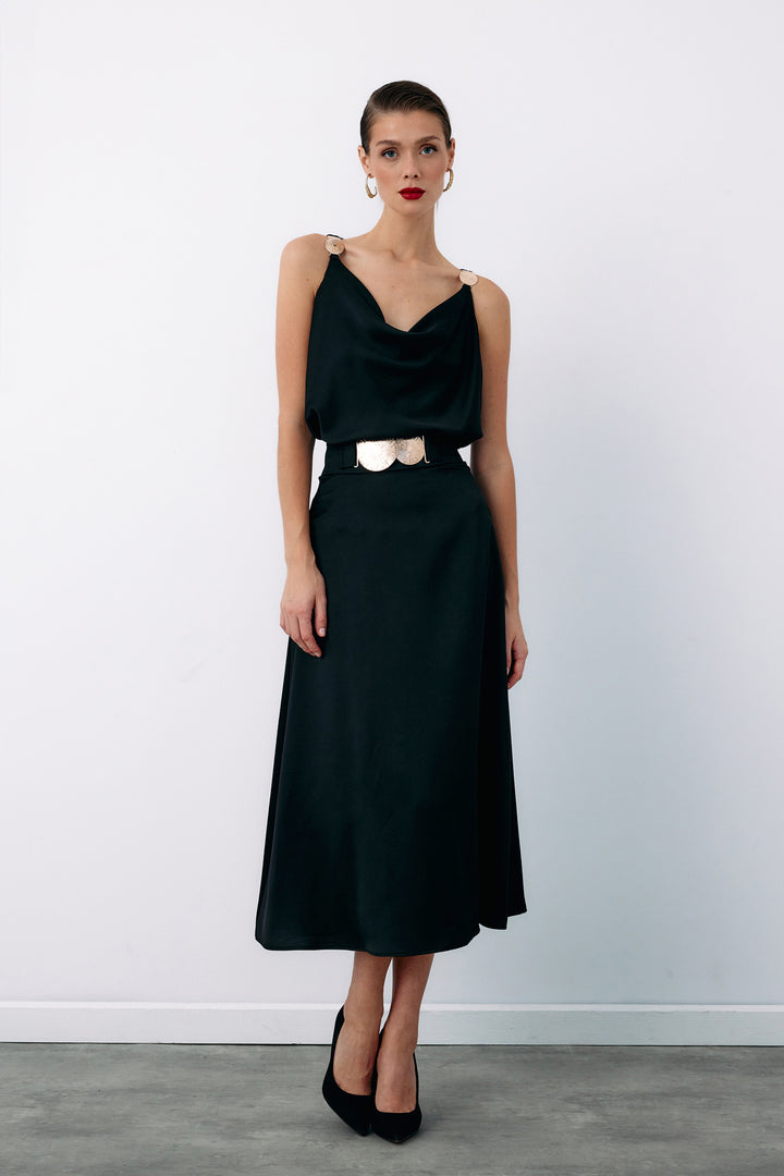 Sateen Jupe évasée avec accessoire ceinture - Noir