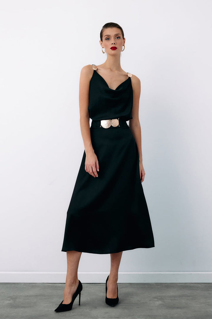 Sateen Jupe évasée avec accessoire ceinture - Noir