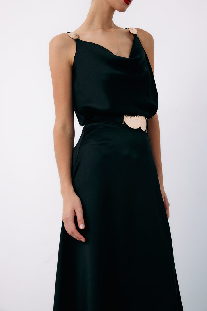 Sateen Jupe évasée avec accessoire ceinture - Noir