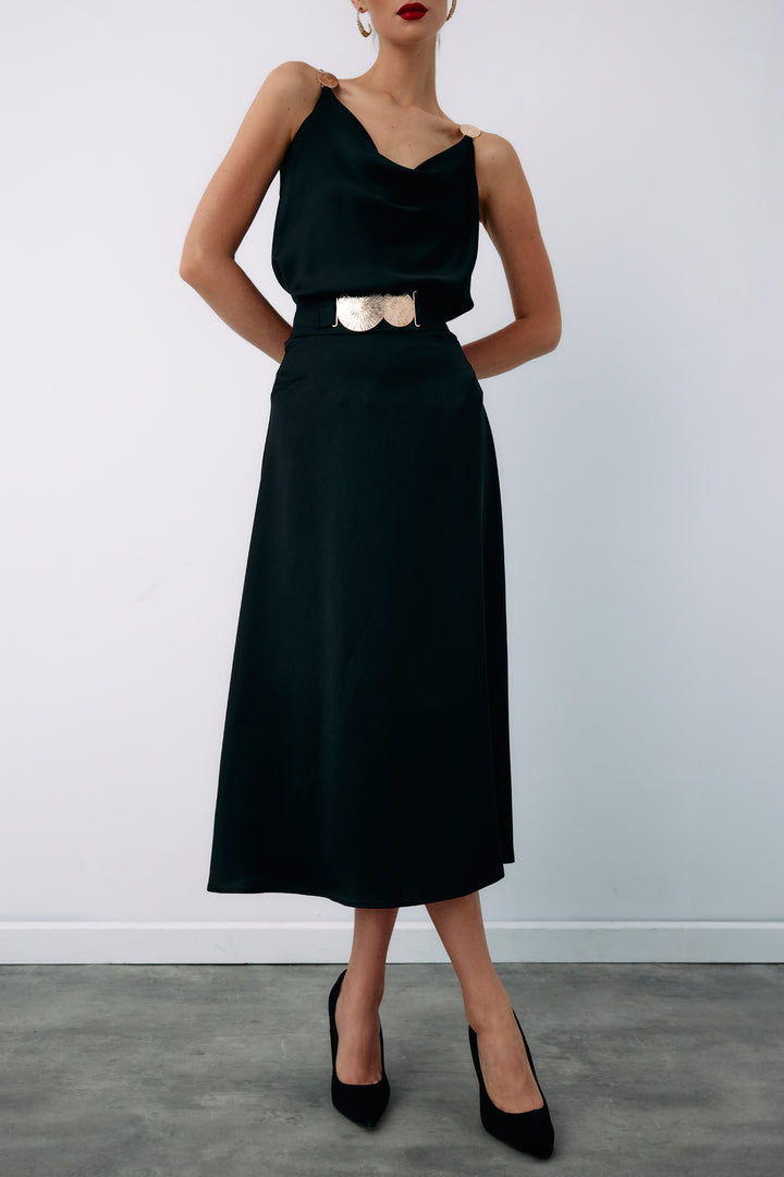 Sateen Jupe évasée avec accessoire ceinture - Noir