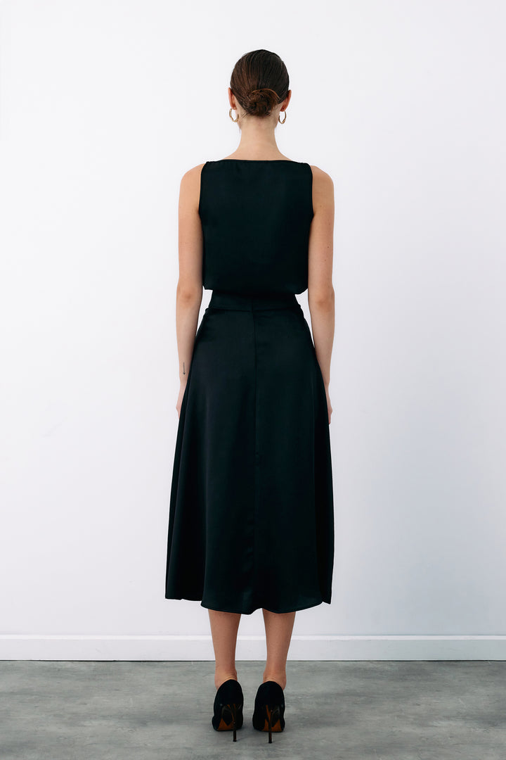 Sateen Jupe évasée avec accessoire ceinture - Noir