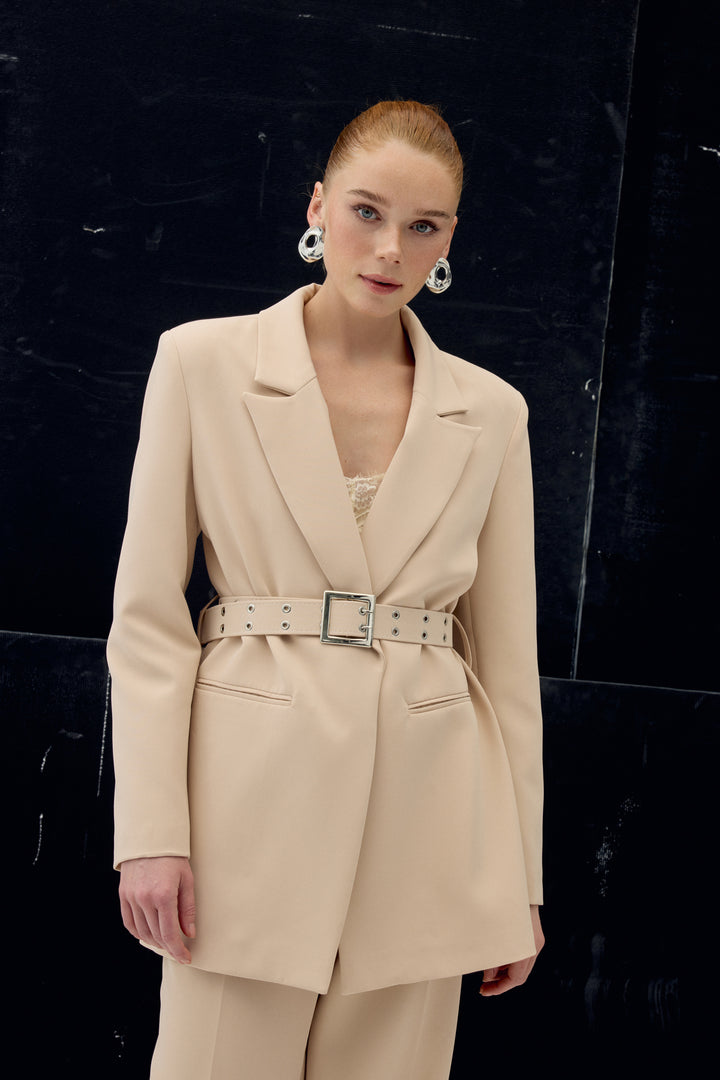 Sateen Veste avec ceinture - Beige