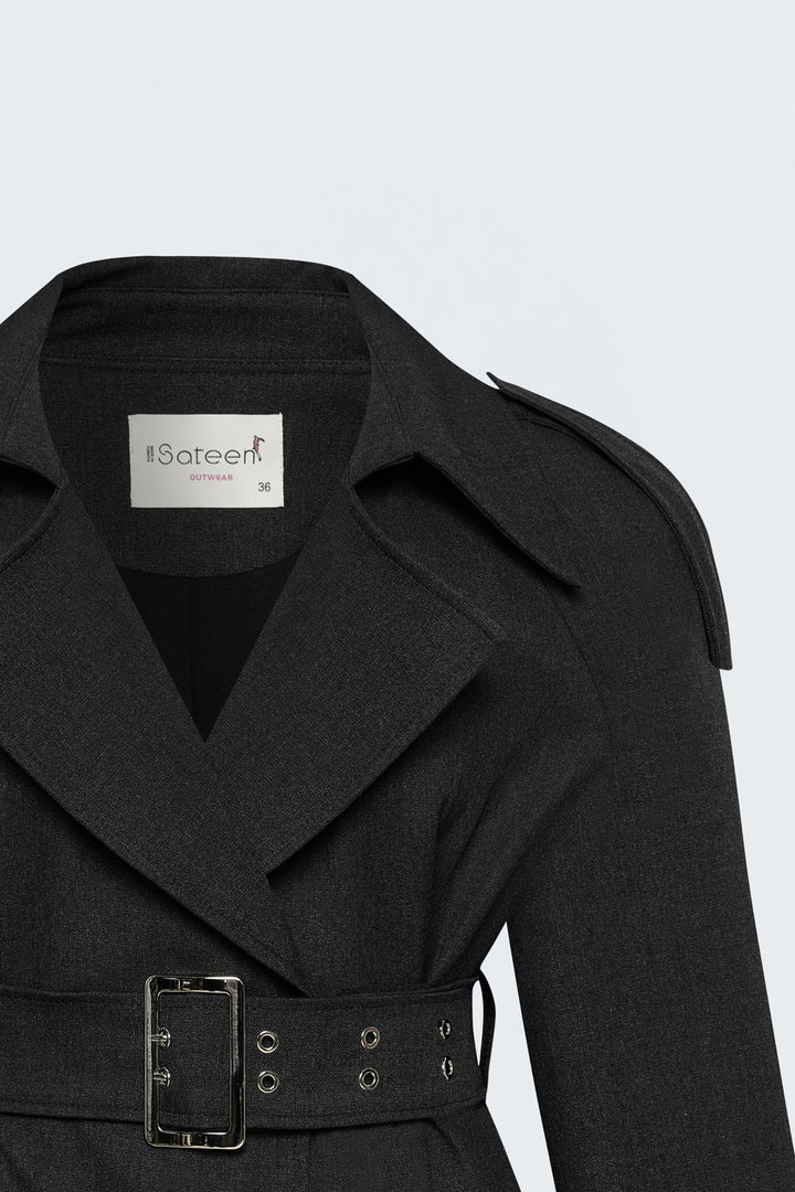 Sateen Trench Court avec Ceinture - Anthracite