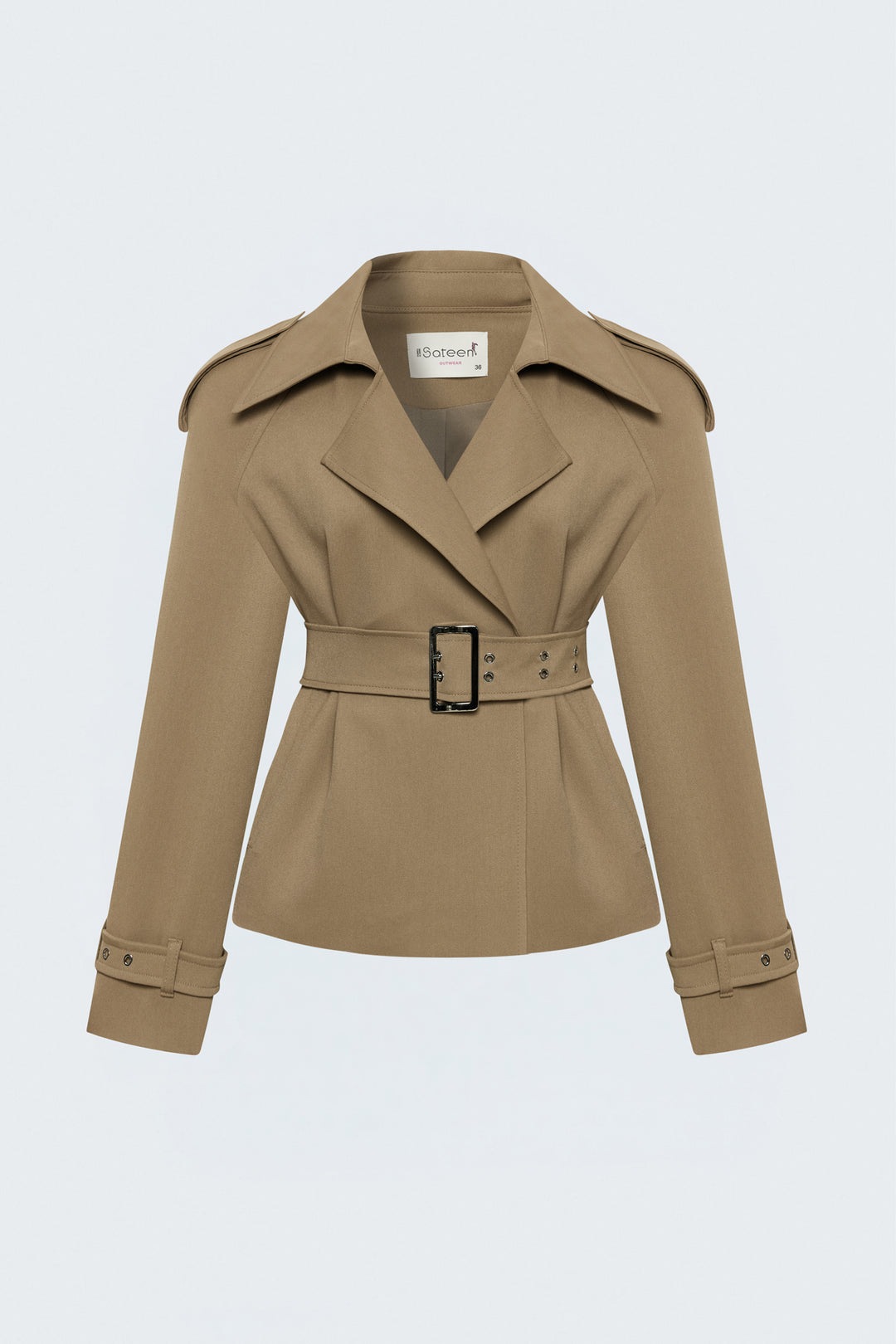 Sateen Trench Court avec Ceinture - Camel