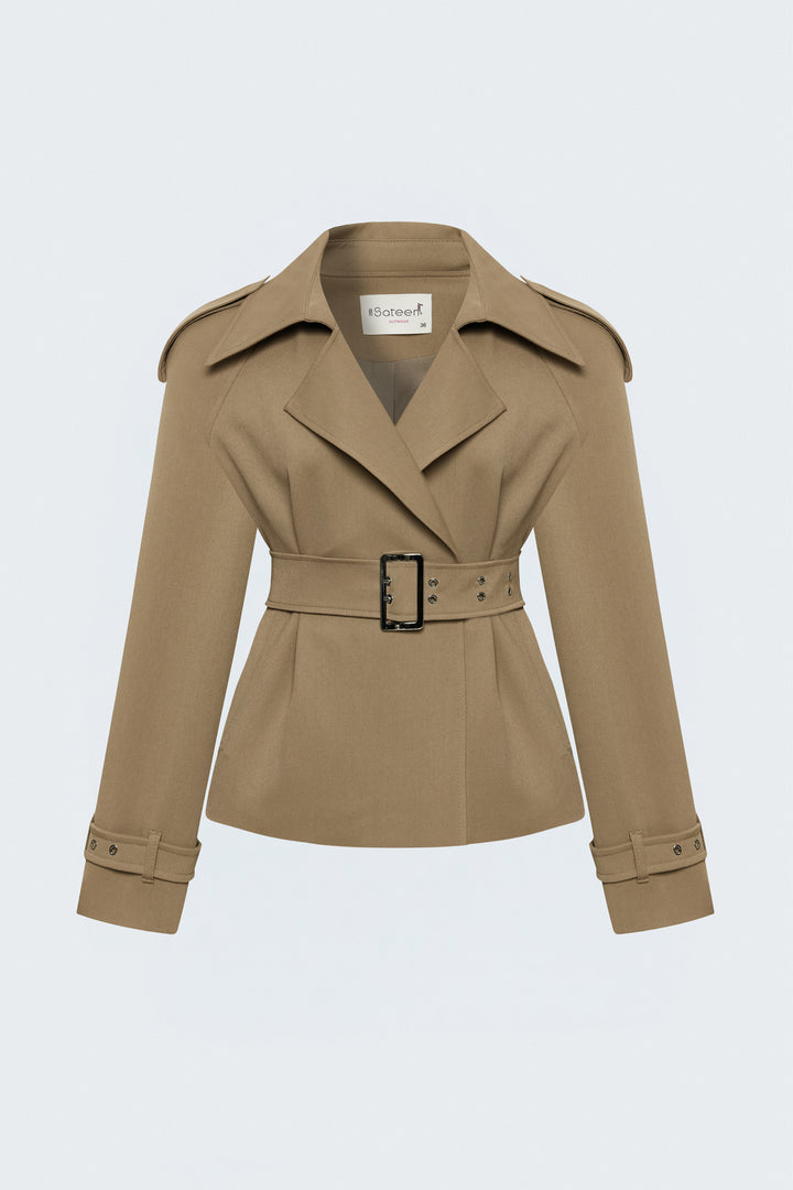 Sateen Trench Court avec Ceinture - Camel