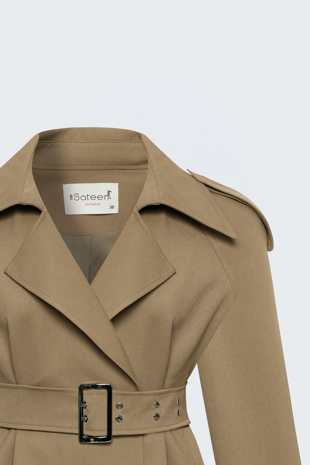 Sateen Trench Court avec Ceinture - Camel
