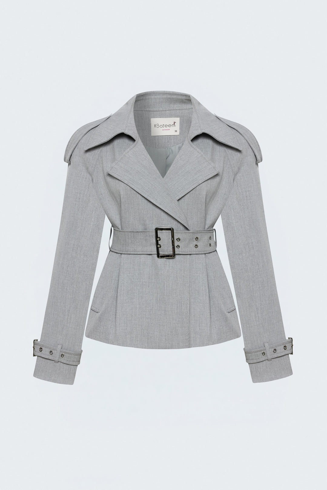 Sateen Trench Court avec Ceinture - Gris