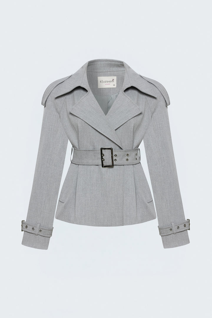 Sateen Trench Court avec Ceinture - Gris