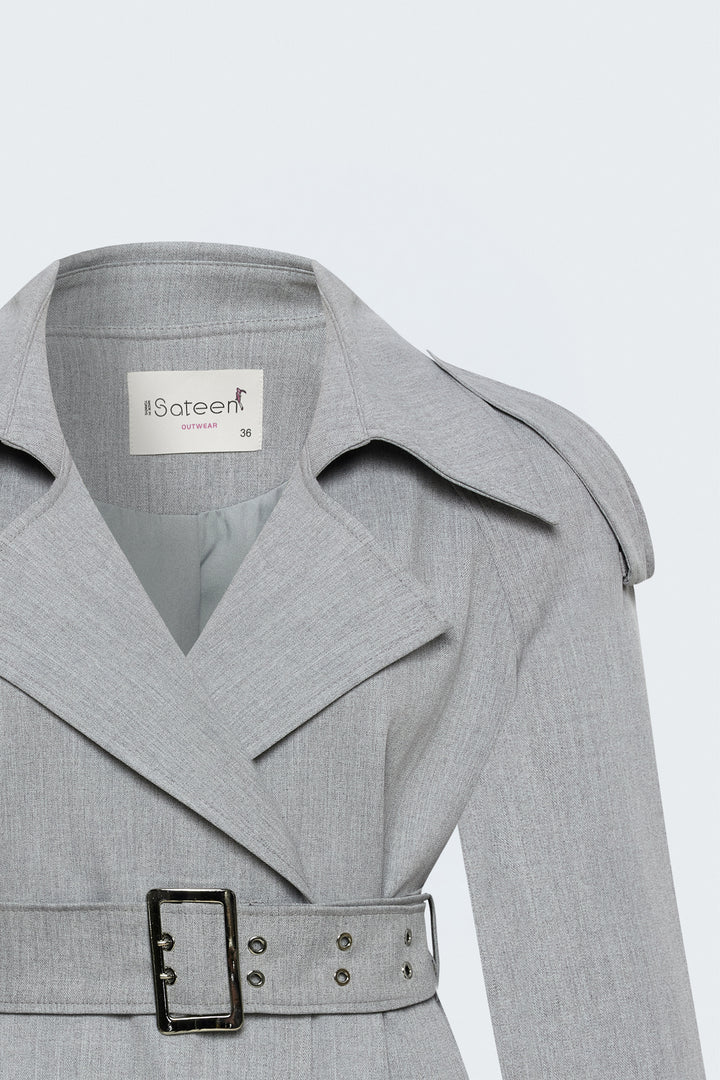 Sateen Trench Court avec Ceinture - Gris