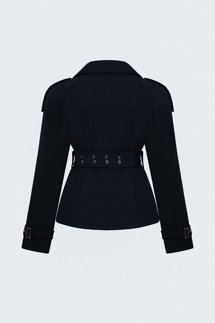 Sateen Trench Court avec Ceinture - Bleu marine