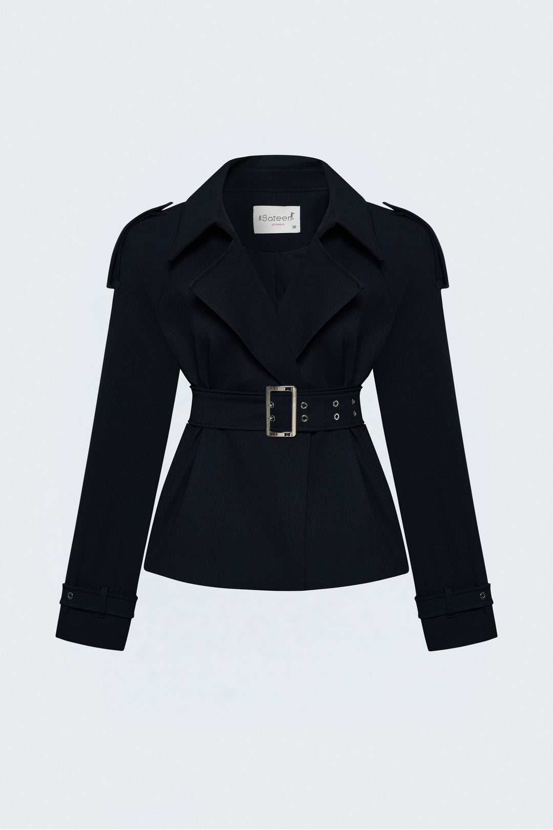 Sateen Trench Court avec Ceinture - Bleu marine