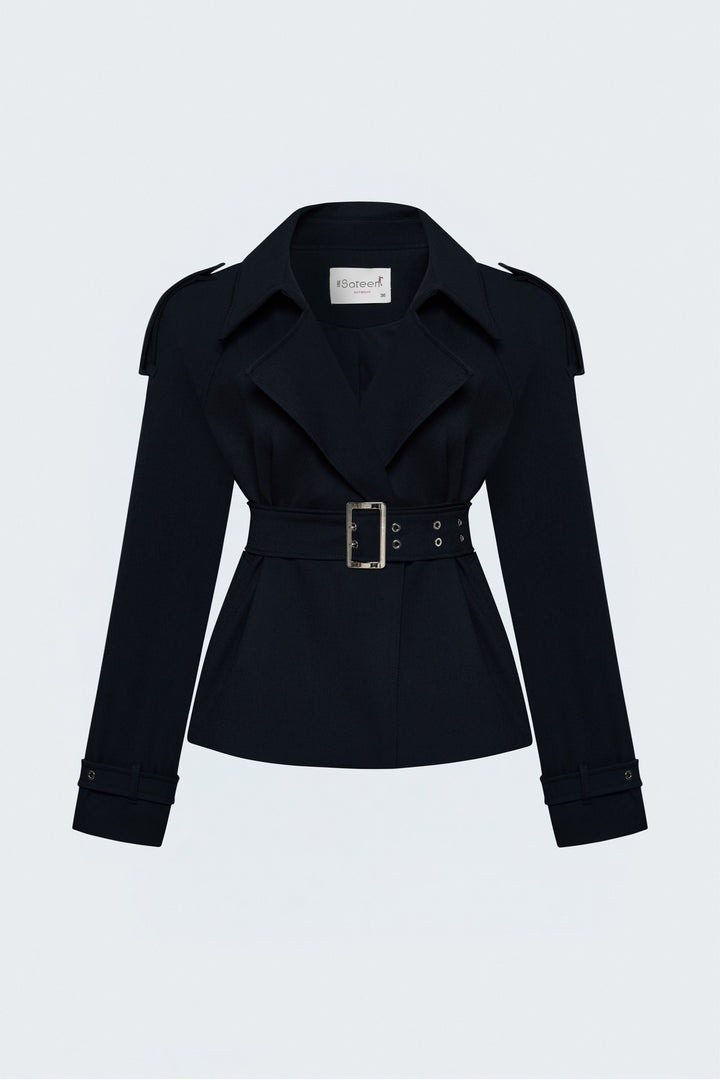 Sateen Trench Court avec Ceinture - Bleu marine