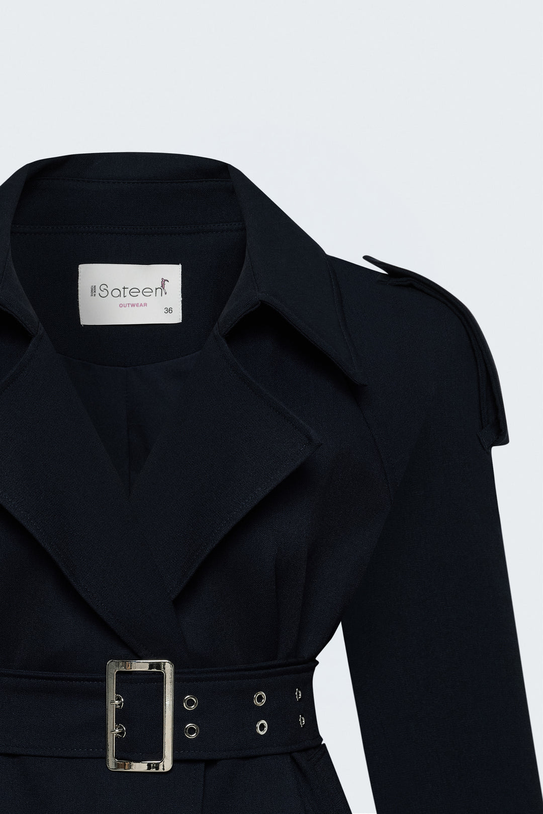 Sateen Trench Court avec Ceinture - Bleu marine