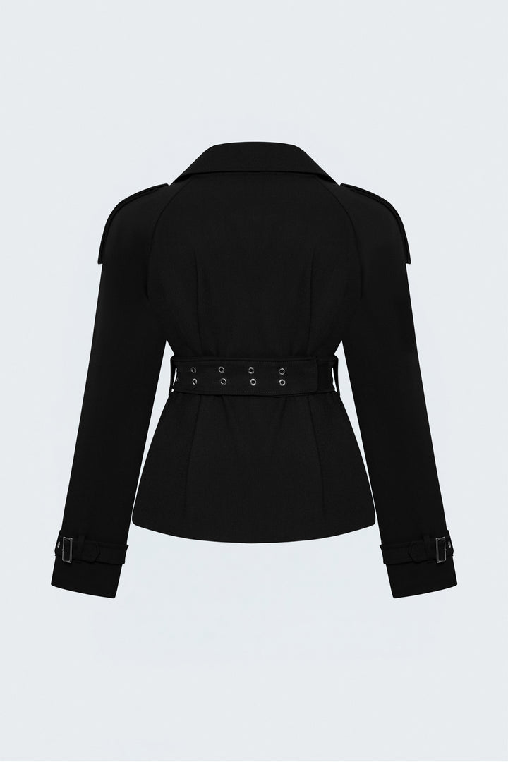 Sateen Trench Court avec Ceinture - Noir