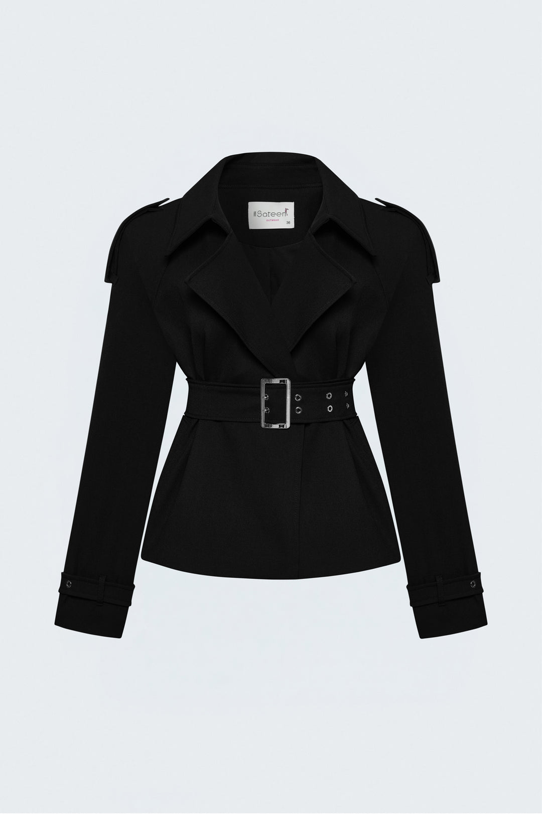Sateen Trench Court avec Ceinture - Noir