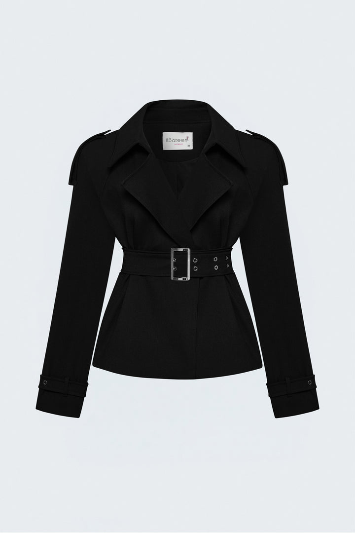 Sateen Trench Court avec Ceinture - Noir